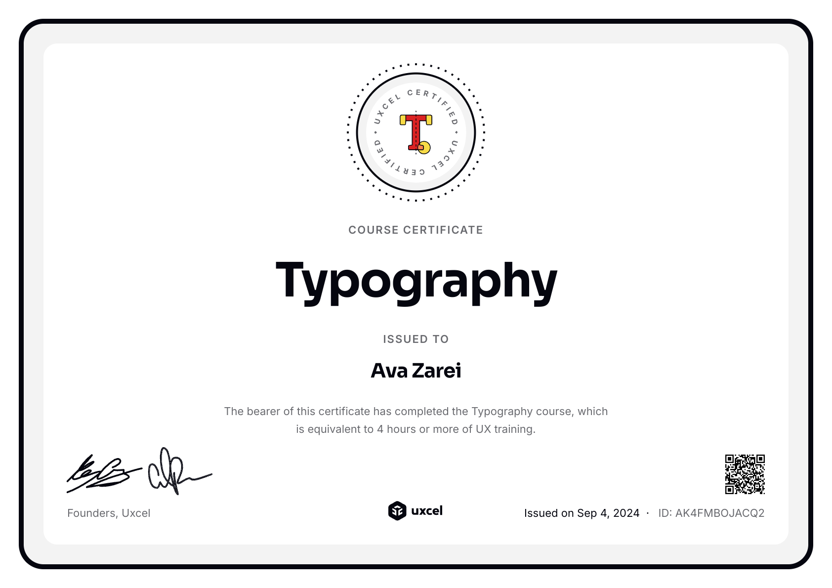 Ava Zarei's certificate